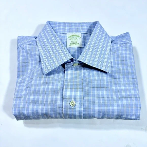 Brooks Brothers Dress Shirt Mens 15.5/32 Blue-White Check Milano No Iron Stretch - Picture 5 of 9